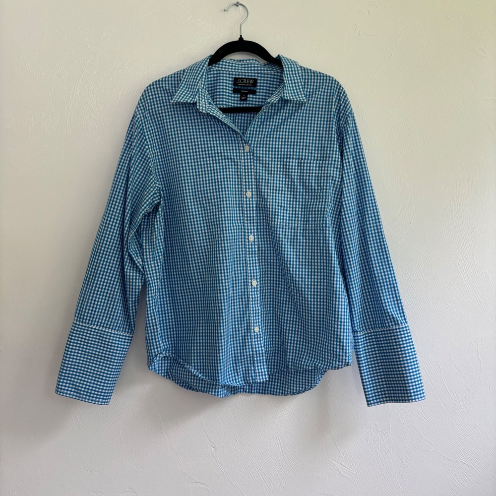J Crew Womens Garçon Cotton Poplin Long Sleeve Shirt Blouse Gingham Size 14 Blue